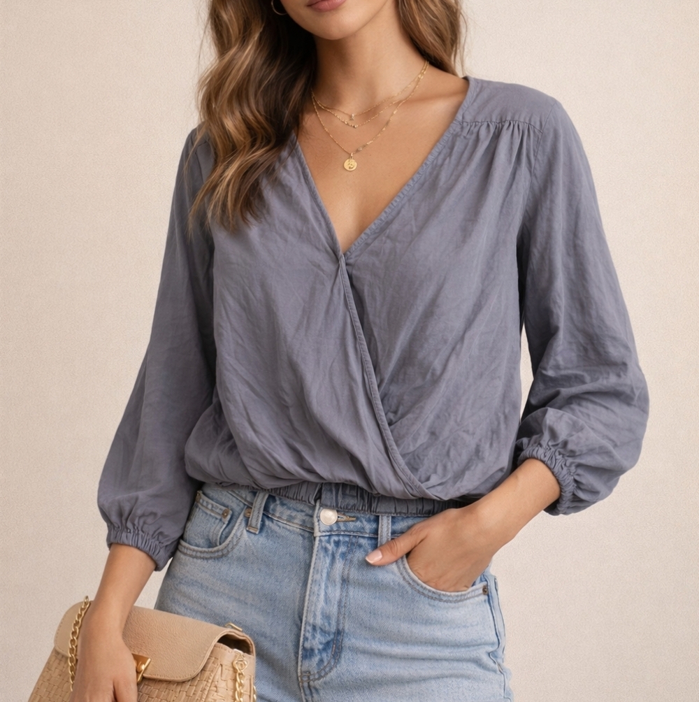 Mustard Seed Slate Gray Wrap Blouse Women’s Large Lyocell Long Sleeve Boho